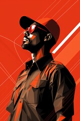 A man wearing a hat and sunglasses standing in front of a red background. Imaginary illustration.