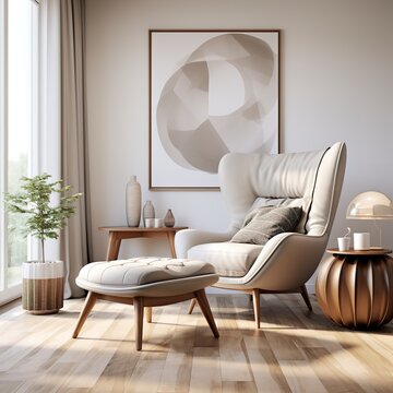 Modern living room with gainsboro armchair. Scandinavian interior design furniture. 3d render illustration