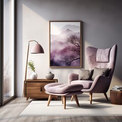 Modern living room with plum armchair. Scandinavian interior design furniture.