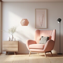 Modern living room with Magenta armchair. Scandinavian interior design furniture. 3d render illustration