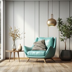 Turquoise armchair. Scandinavian interior design furniture.