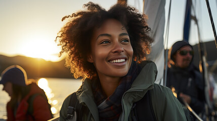 A woman on a sailboat laughing at the sunset with curly hair.