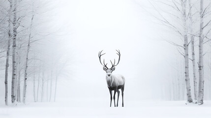 illustration d'un cerf debout au milieu d'un paysage brumeux et enneigé. - obrazy, fototapety, plakaty