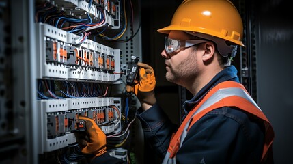Fototapeta premium Male expert in safety gear meticulously working on a commercial fuse box