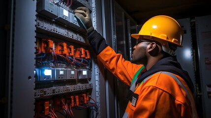 Black male expert in safety gear meticulously working on a commercial fuse box