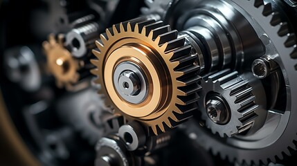 close up view of an operating gearbox, with high detail gears, macro, hazelblade f 1.0 lens