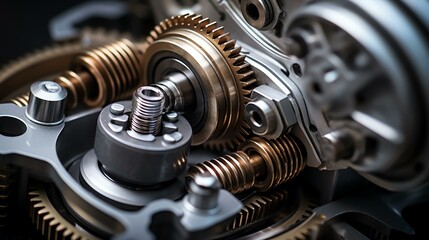 close up view of an operating gearbox, of a car with high detail gears, macro, hazelblade f 1.0 lens