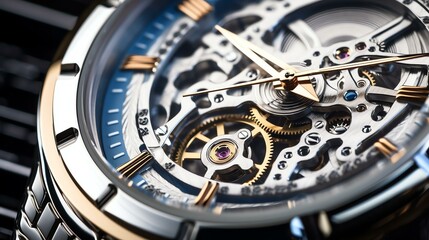 close up of a luxerious mechanical watch with a silver metalic strip