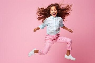 Funny child girl jumping over pastel background.