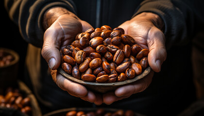 A man hand holding a handful of fresh coffee beans generated by AI