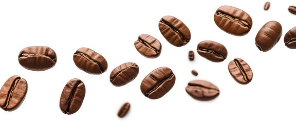 Beans of coffee flying against a white background. coffee grains in the air. Design of cafe menus, packages, and advertisements applicable