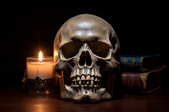 Dark Realm of Dread. A Frightening Image: A Skull and Candle in a Ghostly, Spooky Setting, Eliciting Fear and Terror. Nightmares Unleashed AI Generative.

