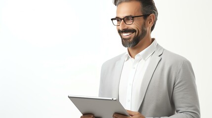 Smiling male professional holding digital tablet looking away thoughtfully against white background, hazelblade f 1.0 lens, stock photo