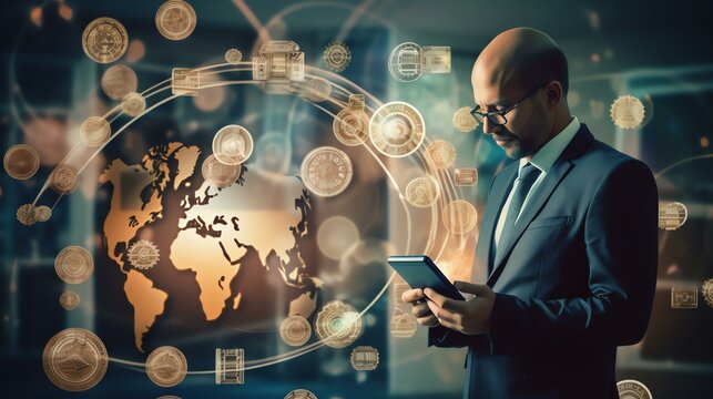 Businessman using telephone with world map and currency sign include dollar euro pound sterling yen yuan won for technology currency exchange and money transfer , Financial and investment concept.