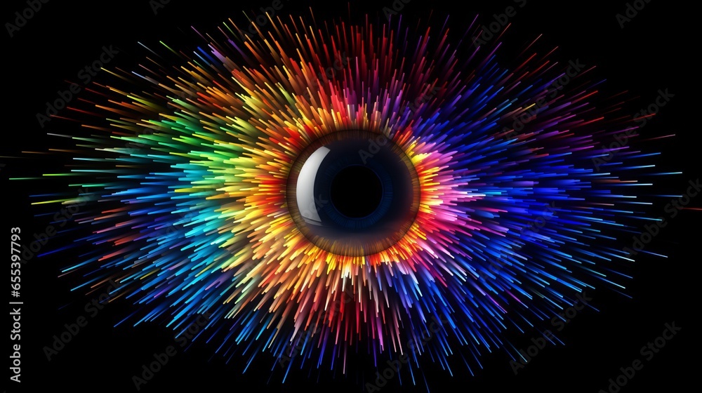 Poster vibrant multicolored iris animation: rainbow lines emerging from bright binary circle