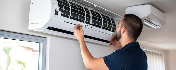 Electrician man repairing air conditioner system - obrazy, fototapety, plakaty