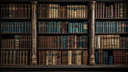 A wall full of Old ancient books of a library, holding many historical books and manuscripts. Wide format.