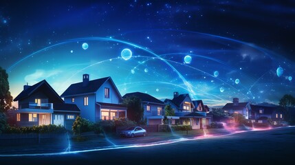 Digital community, smart homes and digital community. DX, Iot, digital network in society concept. suburban houses at night with data transactions. 
