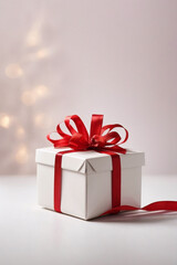 White gift box with red ribbon bow