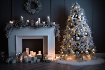 fireplace with christmas tree and decorations
