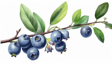 Watercolor Painting of Blueberries on a Branch