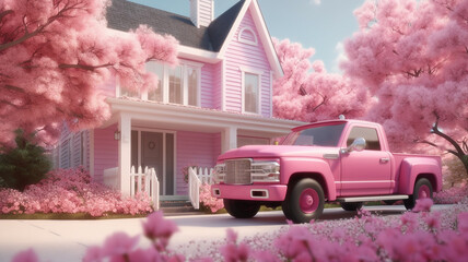 Pink House with Pink Exterior surrounded by Pink Trees, Dollhouse