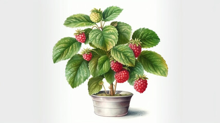 Raspberry Bush in a Pot, Watercolor Painting
