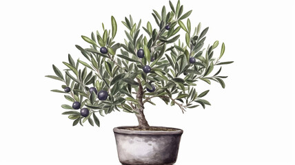 Olive Tree in a Pot, Watercolor Painting
