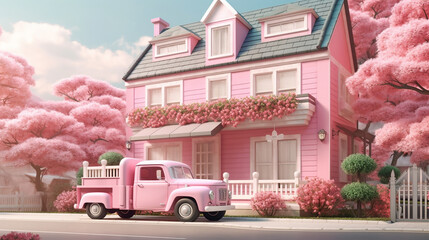 Pink Two Story House with Pink Exterior surrounded by Pink Trees
