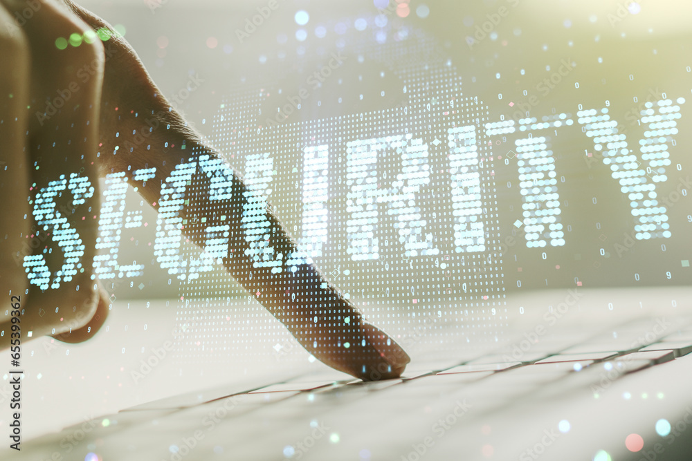 Poster Cyber security creative concept with hands typing on computer keyboard on background. Double exposure