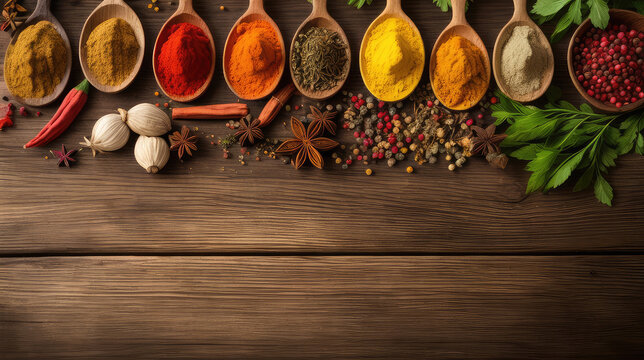 Various spices in different colours and shapes on wooden table. Saffron, cardamon, anise, garlic, cinnamon, pepper, ginger, curry, chili, cumin, herb. Indian cuisine. Copy space for text, advertising