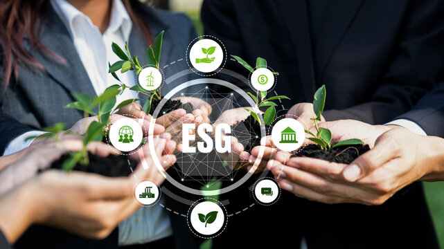 Business partnership leader gather to nurture young seedling plant with ESG icons, symbolizing corporate unity commitment to environmental protection and natural preservation. Panorama Reliance