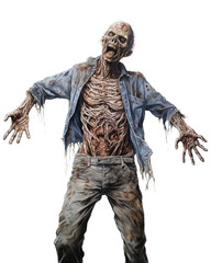 Scary zombie walking and grasping on a transparent background