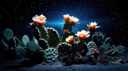 Cactus at night with starry sky. 3D rendering. - Powered by Adobe