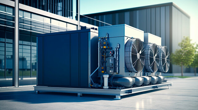 A huge air conditioning unit on the roof of the building.