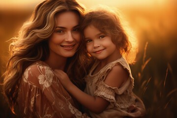 Fototapeta premium Mother and daughter, portrait, blurred sunset background
