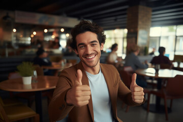 Thumbs-Up at the Cafe: Joyful Young Man Expresses Approval and Positivity.