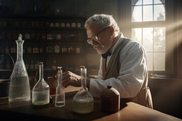 Elderly Chemist in Action: A Dedicated Professional Wearing Glasses While Working.