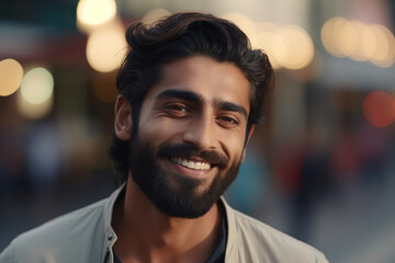 Obraz premium Confident Indian Man with a Brilliant Smile: Perfect Dental Advertisement Material. Stylish Hair, Beard, and Strong Jawline, Captured on the Street.