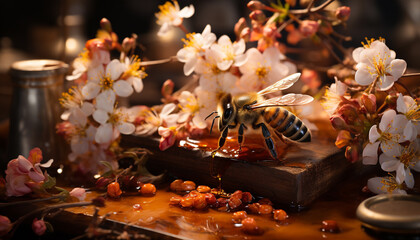 Honey bee, nature sweetness, pollinates flowers, bringing freshness to springtime generated by AI - obrazy, fototapety, plakaty