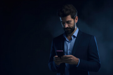 Suited Man with Smartphone: Elegance on a Dark Blue Canvas.
