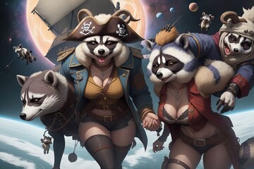 Raccoon Cute pirate girl on treasure island illustration