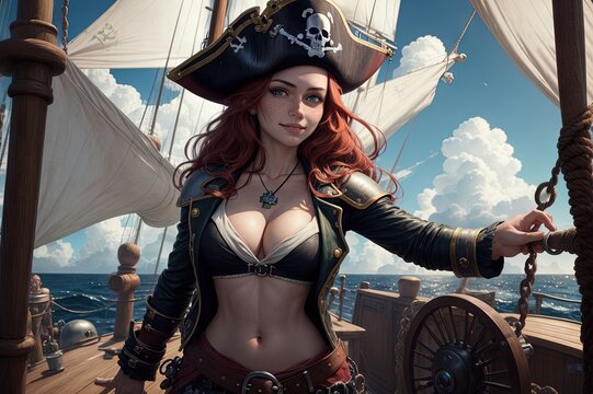 Cute pirate girl on treasure island illustration