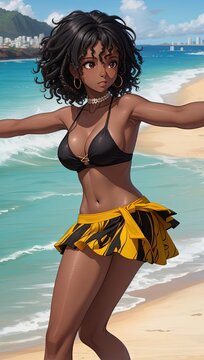 smartphone wallpaper of beautiful Brazilian girl playing beach volleyball. Attractive black woman in bikini. Cartoon illustration. AI Generated image