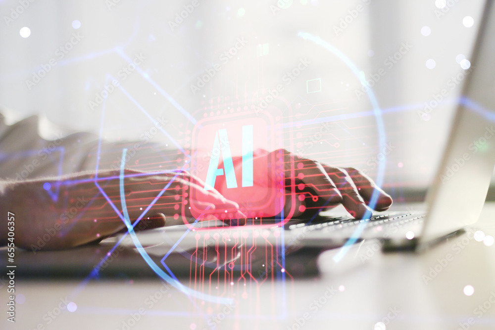 Poster double exposure of creative artificial intelligence abbreviation with hand typing on computer keyboa