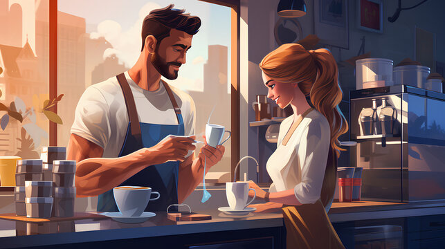 an illustration of barista couple serve a glass of coffee
