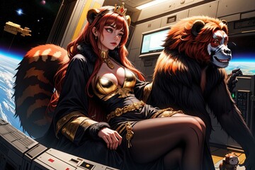 space pirate queen and evil red panda illustration AI Generated image