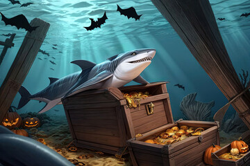 In the depths of the ocean, a curious shark investigates a sunken pirate ship, its jaws revealing a treasure chest filled with spooky surprises for Halloween illustration - obrazy, fototapety, plakaty