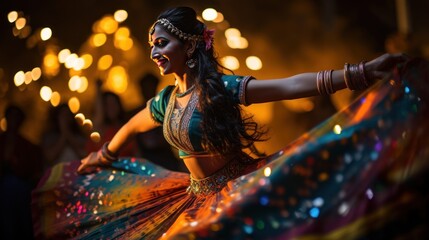 Beautiful smiling woman in traditional colorful indian dress dancing in the evening light - obrazy, fototapety, plakaty