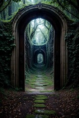 Fototapeta premium 3d rendering of a fantasy doorway portal framed by green vines leading into a idyllic garden. Generative AI